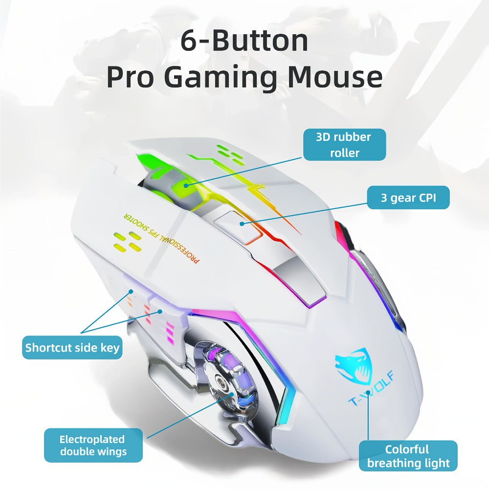 Wireless Gaming Mouse RGB Rechargeable T-WOLF 2.4GHz Ergonomic Large Mouse for PC Laptop Tablet Mac Chromebook Adjustable DPI Quiet Click Work Gaming Study Back to School Gift