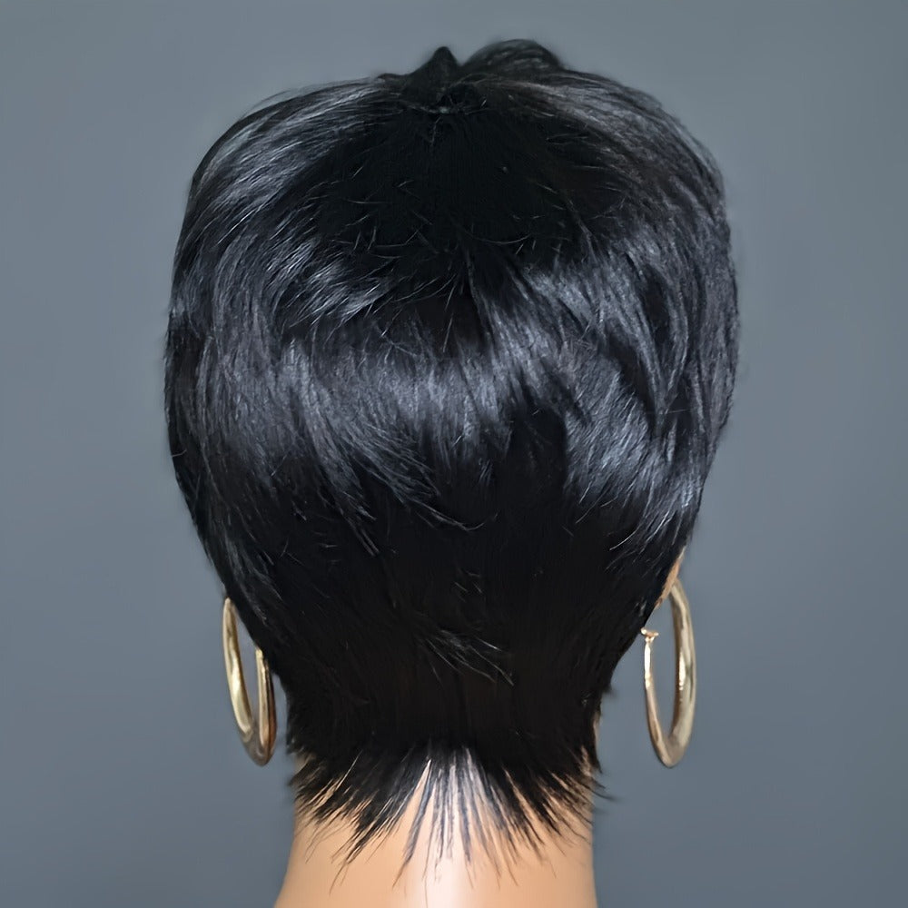 Brazilian Remy Human Hair Pixie Cut Wig with Bangs 6 Inch Short Layered 150% Density Glueless Rose Net Cap Natural Black African Hair Compatible Women Men Daily Wear