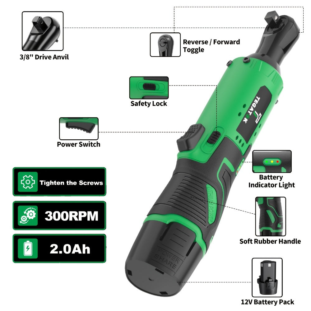 12V Cordless Ratchet Wrench Set 3/8" Drive | 40 Ft-lbs Torque, Variable Speed Trigger, Lithium-Ion Battery, 7 Sockets Included