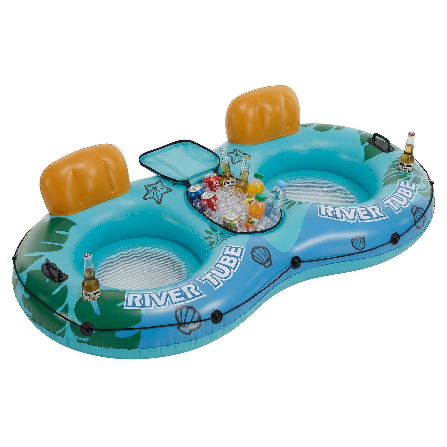 Inflatable Pool Float Bed with Detachable Cooler – Heavy Duty Double Adult Lounge Raft with Cup Holders for Swimming Pool, River & Lake, Durable Blow Up Water Lounger Chair, Blue & Green / Blue & White