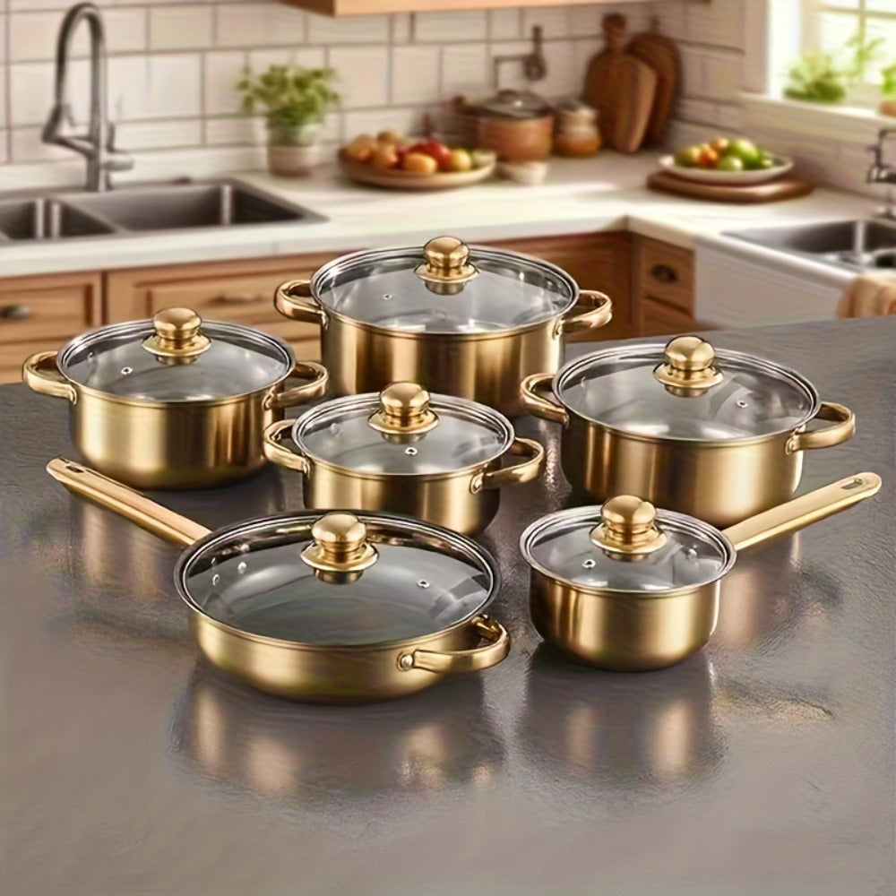 Stainless Steel Deep Pot Cookware Set 10 & 12 Piece with Lids & Dual Handles – Oven Safe Soup Hot Pot Pasta Seafood Stew Pots | Silver Pink Gold | Home Restaurant Cooking Gift Set