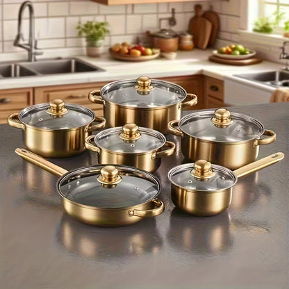 Stainless Steel Deep Pot Cookware Set 10 & 12 Piece with Lids & Dual Handles – Oven Safe Soup Hot Pot Pasta Seafood Stew Pots | Silver Pink Gold | Home Restaurant Cooking Gift Set