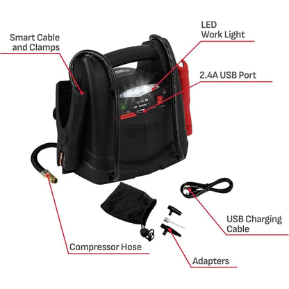 1200A Car Jump Starter and Power Station — 4-in-1 Solution, 150-PSI Air Compressor, 2.4A USB Charging: for 12V Sport, Automotive and Marine Batteries | Without Battery