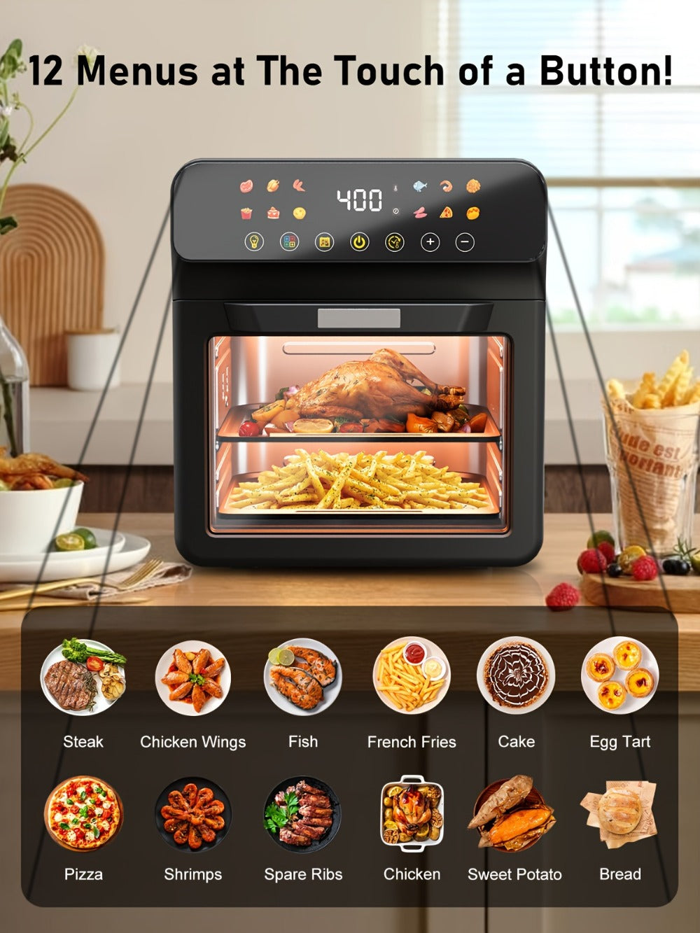 12Qt Air Fryer Convection Oven with Viewing Window, Touchscreen Panel, 12 Function Icons and Two Colors