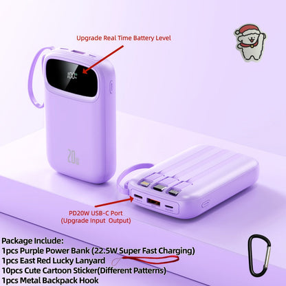 Power Bank 10000mAh with Three Built-In Cables, 5W/15W/22.5W Options, Digital Display and Lanyard