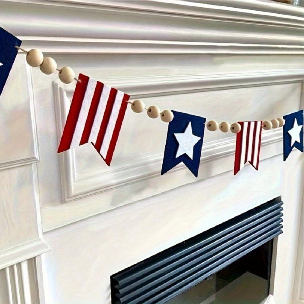 Patriotic Red, White and Blue Bunting Banner with Star Flags and Natural Wood-Bead Garland for Display