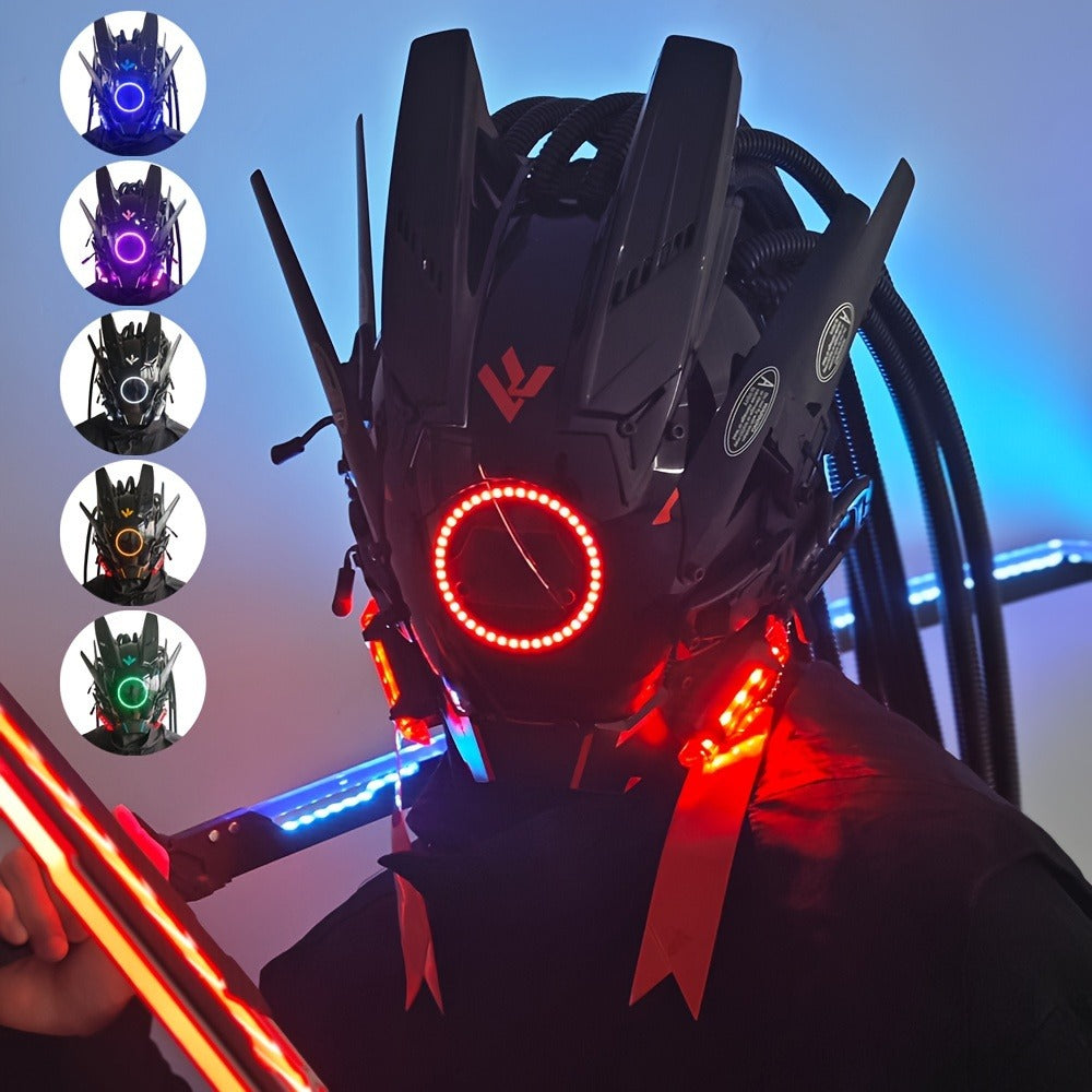 LED Braided Cyberpunk Costume Helmet with Circular Face Light and Blue, Green or Pink Accent Styles