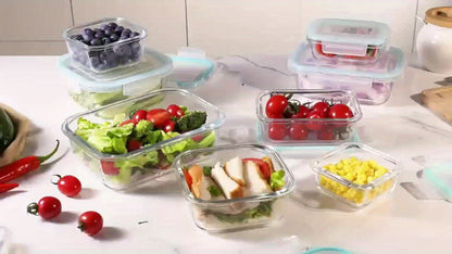 Sixteen-Piece Glass Food Storage Set with Eight Bowls and Eight Lids in Four Color Configurations