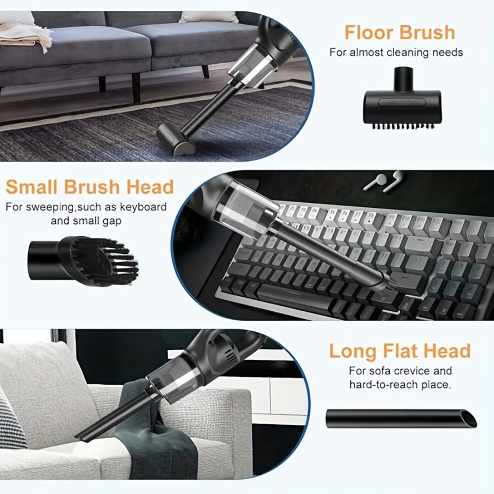 Black Cordless Handheld Vacuum Cleaner with Detachable Dust Bin, Extension Tube and Two Brush Attachments