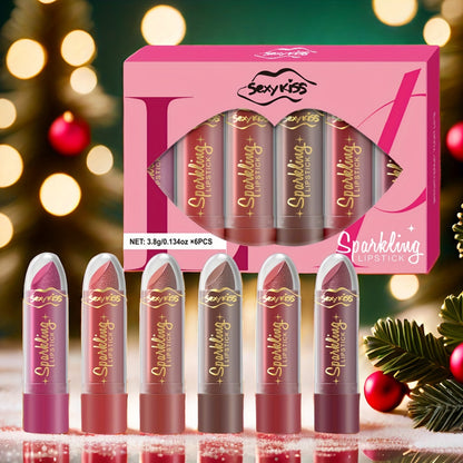 Lipstick Set, Sexy Kiss 6-Piece Sparkling Shimmer Bullet Collection in a Pink Presentation Box