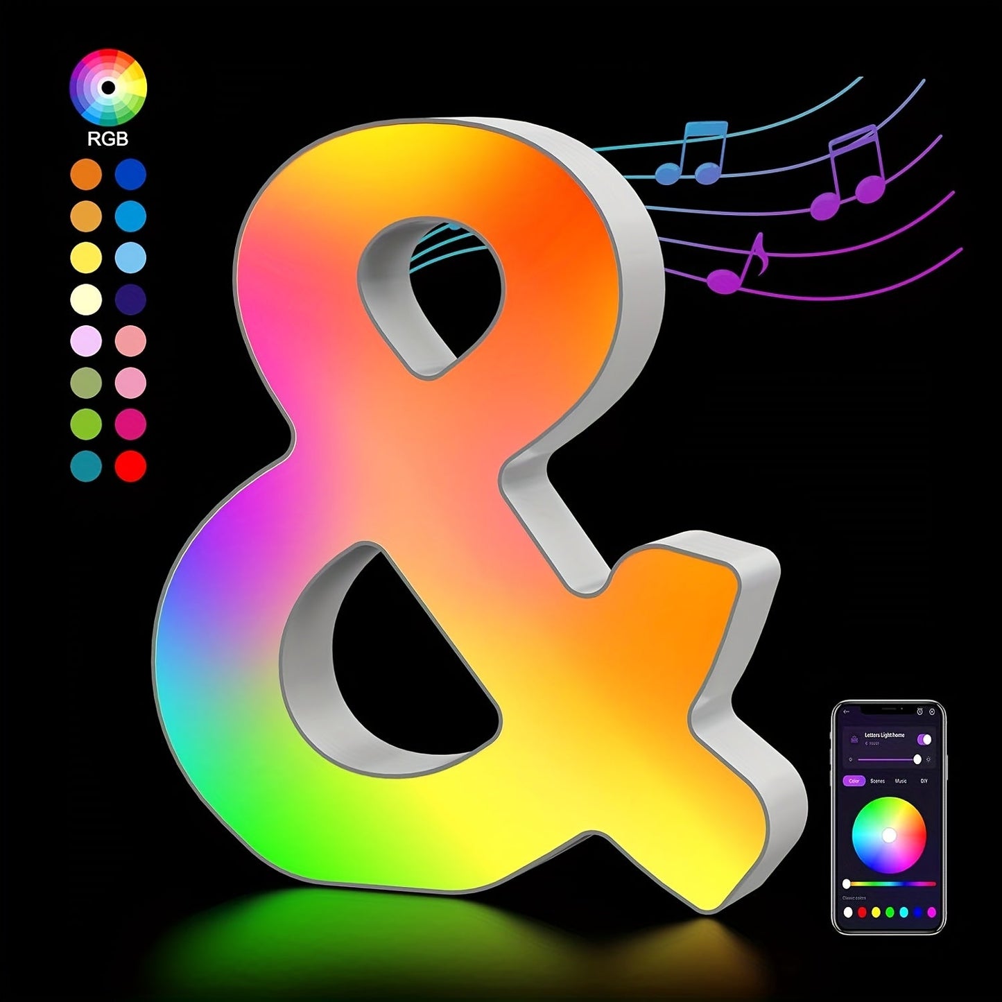 RGB LED Letter and Number Light with 38 Checkout Shapes, USB Power, App Control and Music Sync