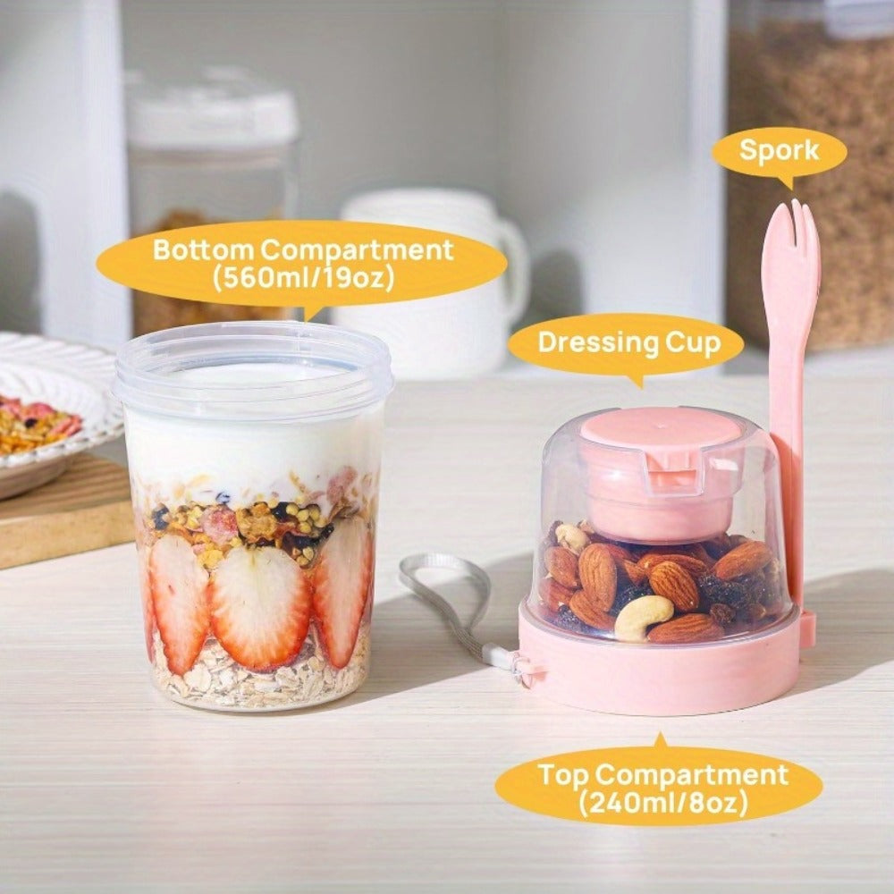 Four-Pack 27 oz Yogurt Parfait Cups with Spoons, Leak-Resistant Lids and Separate Topping Compartments