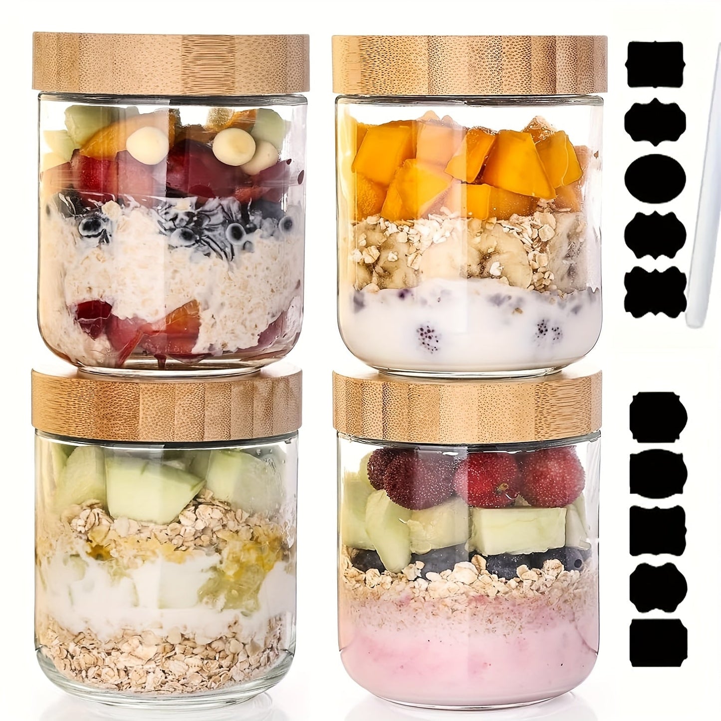 Glass Jars with Bamboo Lids - Airtight Wide Mouth Mason Jars for Overnight Oats Yogurt Chia Seeds Snacks and Meal Prep, Clear Glass Food Storage Containers for Salad Spice and Sugar, Available in 4 Pack 16oz or 6 Pack with Spoons