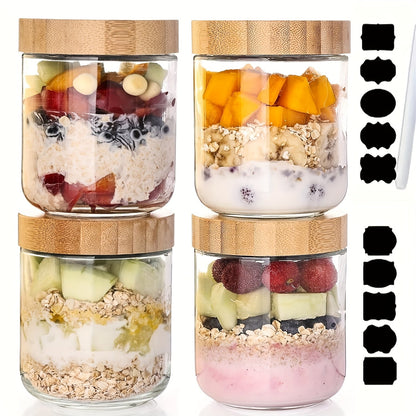 Glass Jars with Bamboo Lids - Airtight Wide Mouth Mason Jars for Overnight Oats Yogurt Chia Seeds Snacks and Meal Prep, Clear Glass Food Storage Containers for Salad Spice and Sugar, Available in 4 Pack 16oz or 6 Pack with Spoons