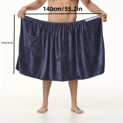 Wearable Bath Towel for Men - Soft Absorbent Suede Microfiber Bathrobe Wrap 320GSM Solid Color Quick Dry Shower Towel | Blue Brown | Spa Gym Bathroom Robe Towel Modern Style Men Gift