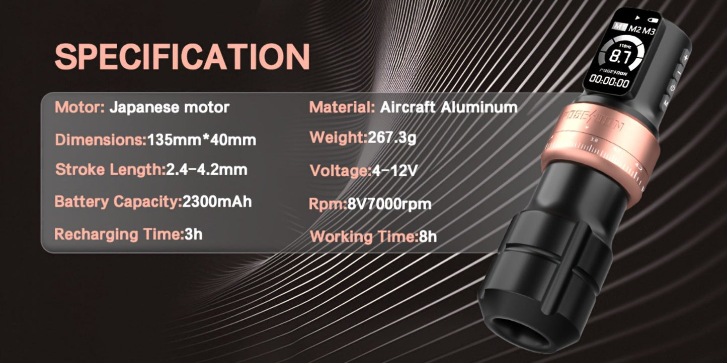 POSEIDON ZH03 Tattoo Kit with 2300mAh Adjustable-Stroke Pen, USB-C Charging, 20 Cartridges and 11 Inks