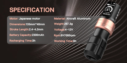 POSEIDON ZH03 Tattoo Kit with 2300mAh Adjustable-Stroke Pen, USB-C Charging, 20 Cartridges and 11 Inks