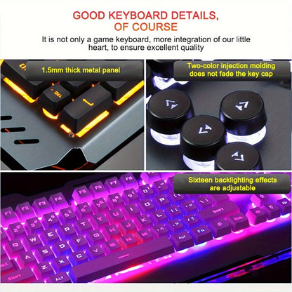 RGB Gaming Keyboard and Mouse Combo with Wrist Rest 16 Backlight Effects Mechanical Feel Aluminum Panel 26-Key Anti-Ghosting 3200DPI Mouse Phone Holder PC Desktop Windows Black