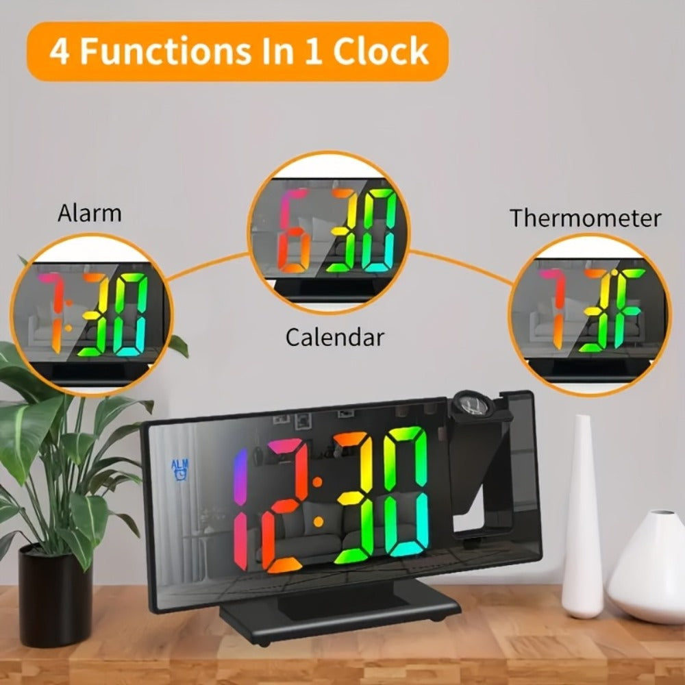 Digital Projection Alarm Clock LED Color Screen - 180° Rotating Projector, Temperature Display, Adjustable Brightness, Night Mode, Snooze, USB Powered Bedroom Living Room Ceiling Clock Decor