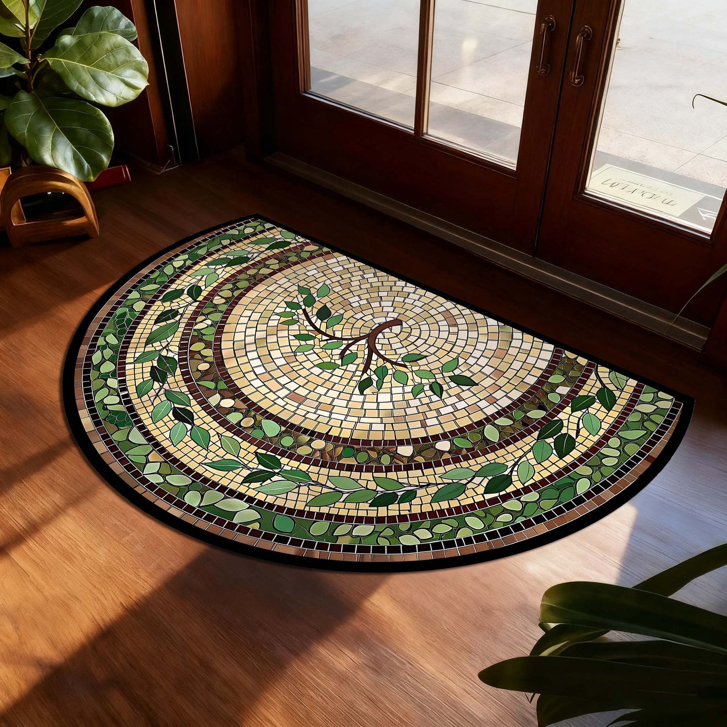 Semicircle Mosaic-Vine Floor Rug with Pictured Green and Cream Pattern in 23.62-by-35.4-Inch Size