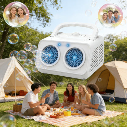 White Dual-Wheel Bubble Machine with Material Thickened Label, Handle, USB Port and Battery Compartment