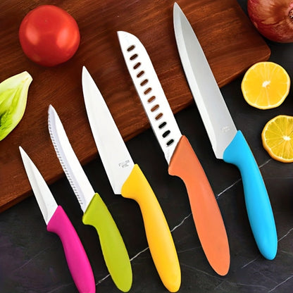 Five-Piece Colorful Paring Knife Set with Steel Blades and Pink, Green, Yellow, Orange and Blue PP Handles