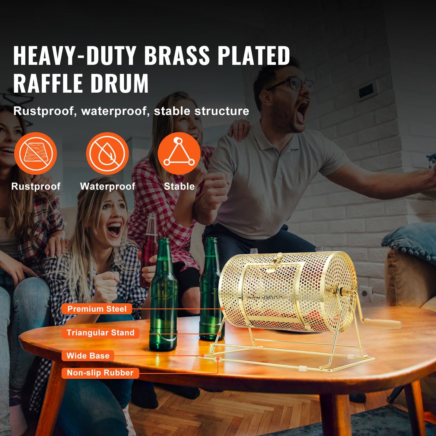 Gold-Tone Raffle Drum with Crank Handle, Perforated Rotating Cage, Base Stand and Ticket Accessories