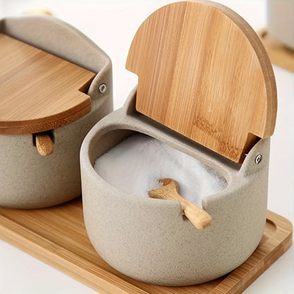 Ceramic-Style Seasoning Pot Set with Lids, Spoons and Tray in One-, Two- or Three-Piece Configurations