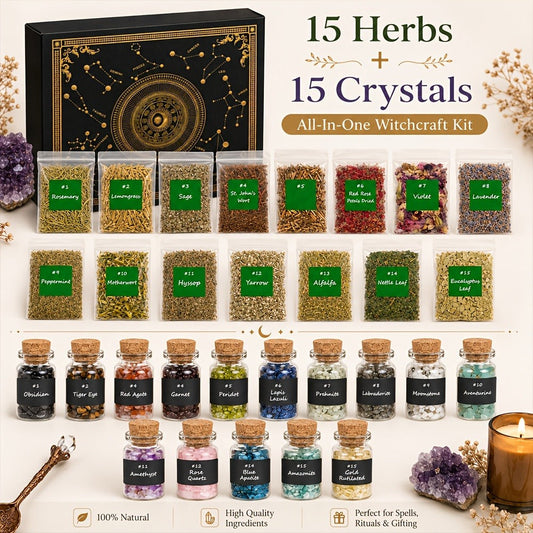 60pcs Witchcraft Supplies Kit for Beginners – Wiccan Supplies & Tools with Crystals, Candles, Witch Altar Spell Set for Rituals & Energy Cleansing, Dried Flowers, Witchy Gift Box for Women Halloween