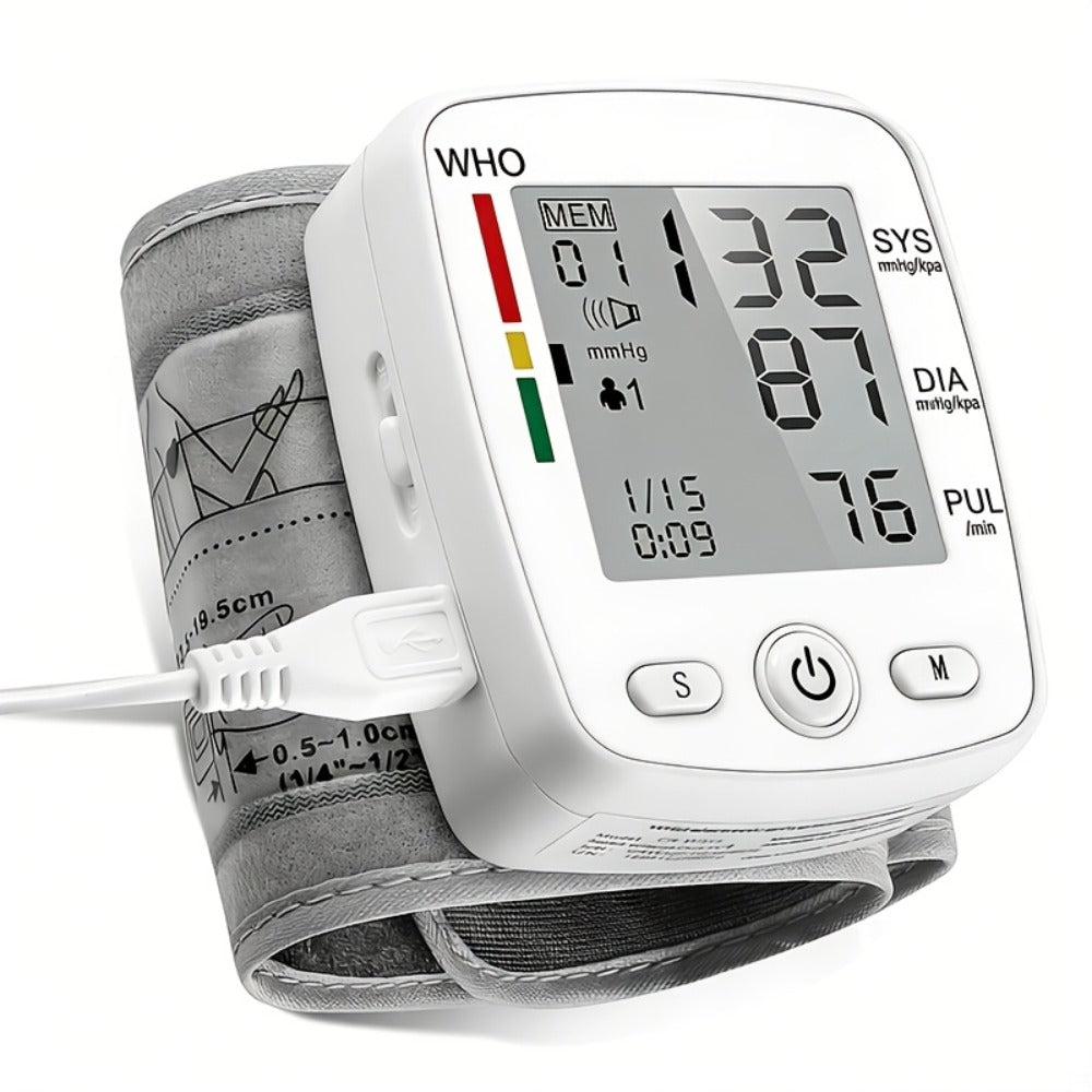 Blood Pressure Monitor Wrist Device with Rechargeable Power, Large LCD, Voice Readout and Two-User 198-Reading Memory