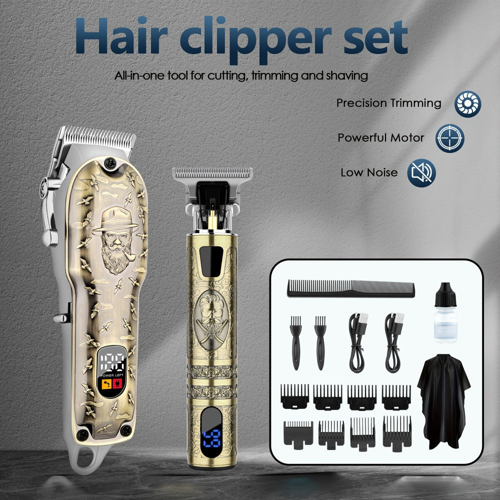 Electric Hair Clipper Set for Men - LQT USB Rechargeable 2000mAh with Engraving Scissors Metal Digital Display Cordless Barber Kit 2 3 4 Piece Home Salon Bronze Gift