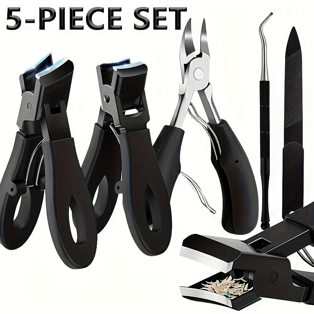 Wide-Jaw Nail Clipper Set, Five-Piece Black-Handle Kit with Straight, Concave and 45-Degree Slanted Tools