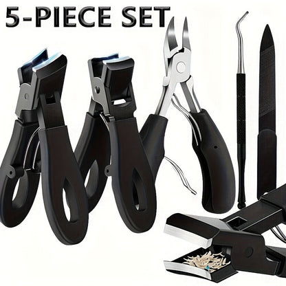 Wide-Jaw Nail Clipper Set, Five-Piece Black-Handle Kit with Straight, Concave and 45-Degree Slanted Tools