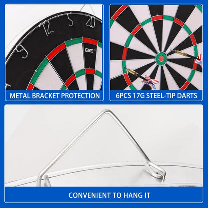 18-Inch Sisal-Style Bristle Dartboard Set with Six Steel-Tip Darts, Metal Hanging Bracket and Number Ring