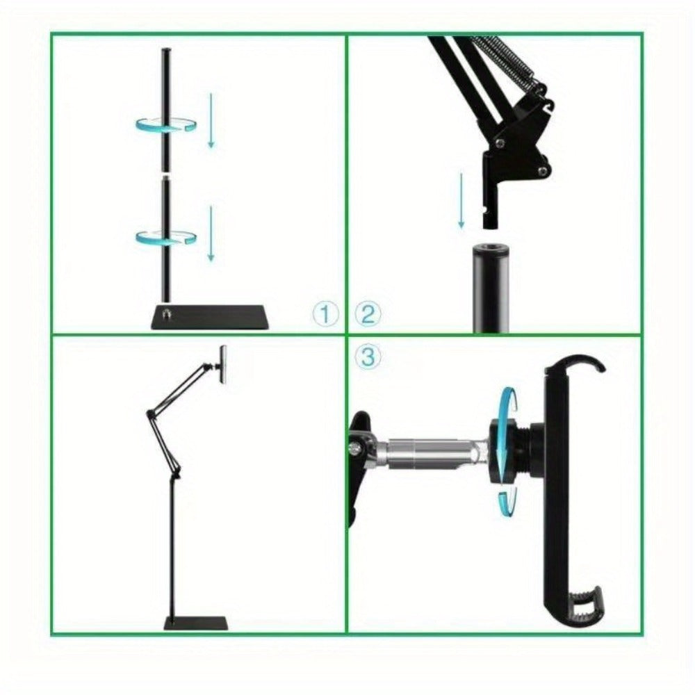 Floor-Standing Phone and Tablet Holder with Articulating Arm, Rotating Clamp and Exact 68.9-Inch Option