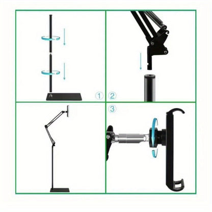 Floor-Standing Phone and Tablet Holder with Articulating Arm, Rotating Clamp and Exact 68.9-Inch Option