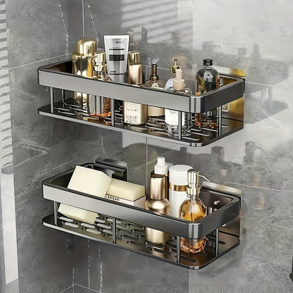Two-Pack Wall-Mounted Stainless Steel Shower Caddy Set in Black or Silver Checkout Colors for Baths
