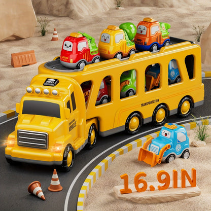 Transport Construction Truck Toy for Boys – 16.9 Inch Large Carrier Truck with 6 Cars, Lights & Sounds, Push & Go Vehicle Playset for Kids Toddlers, Birthday Christmas Gift for Boys Girls