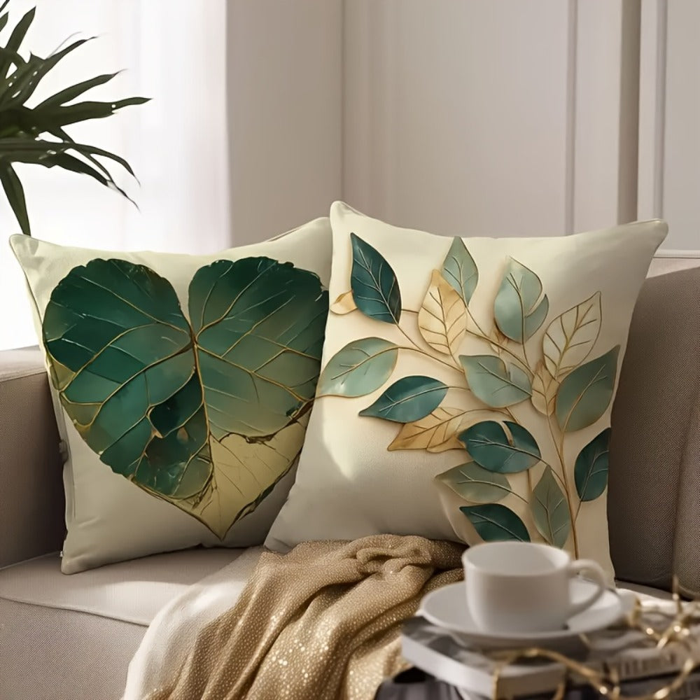 Green and Gold Leaf Throw Pillow Covers, Four-Piece 18 x 18-Inch Polyester Set with Zipper Openings