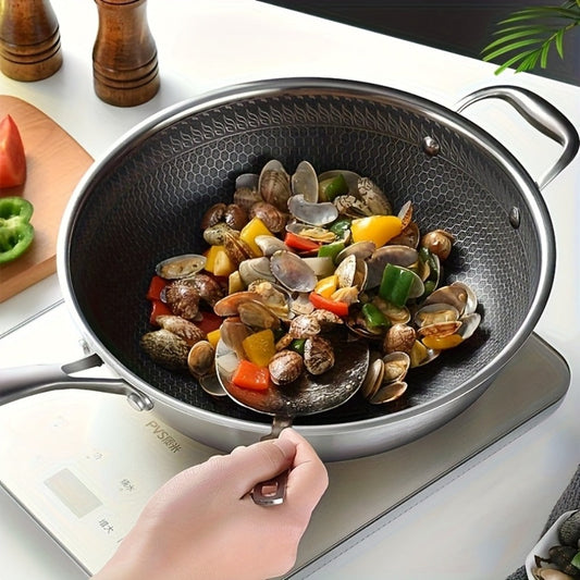 Stainless Steel Wok Set 13.3 Inch Non-stick Honeycomb Design with Lid & 2 Cookware Accessories