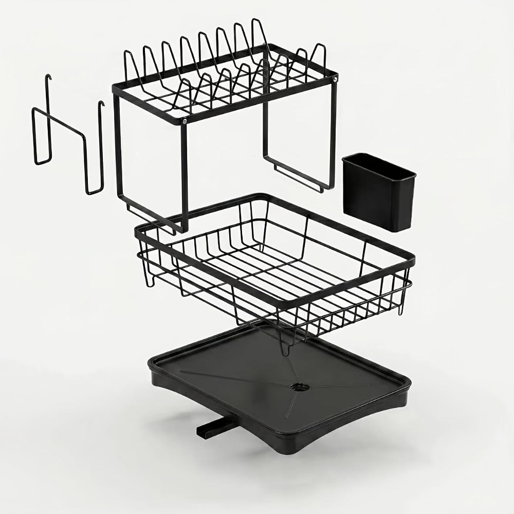 2-Tier Dish Drying Rack with Drainboard & Mat – Metal Dish Rack for Kitchen Counter with Knife Fork Cup Holder