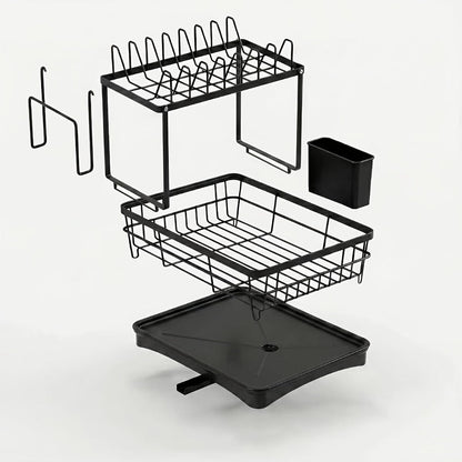 2-Tier Dish Drying Rack with Drainboard & Mat – Metal Dish Rack for Kitchen Counter with Knife Fork Cup Holder
