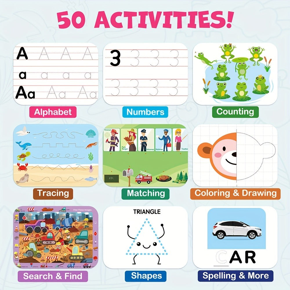Preschool Busy Book for Toddlers Ages 2-6 – 50 Pages Tracing Writing Drawing Activity Workbook, Kindergarten Readiness Practice Book, Educational Learning Gift for Boys Girls 2 3 4 5 6 Year Old