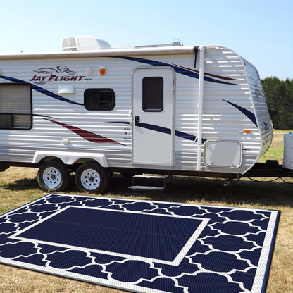 Reversible Outdoor Rug in Multiple Geometric, Border and Leaf Patterns with Displayed Sizes from 5 x 8 to 9 x 12 Feet
