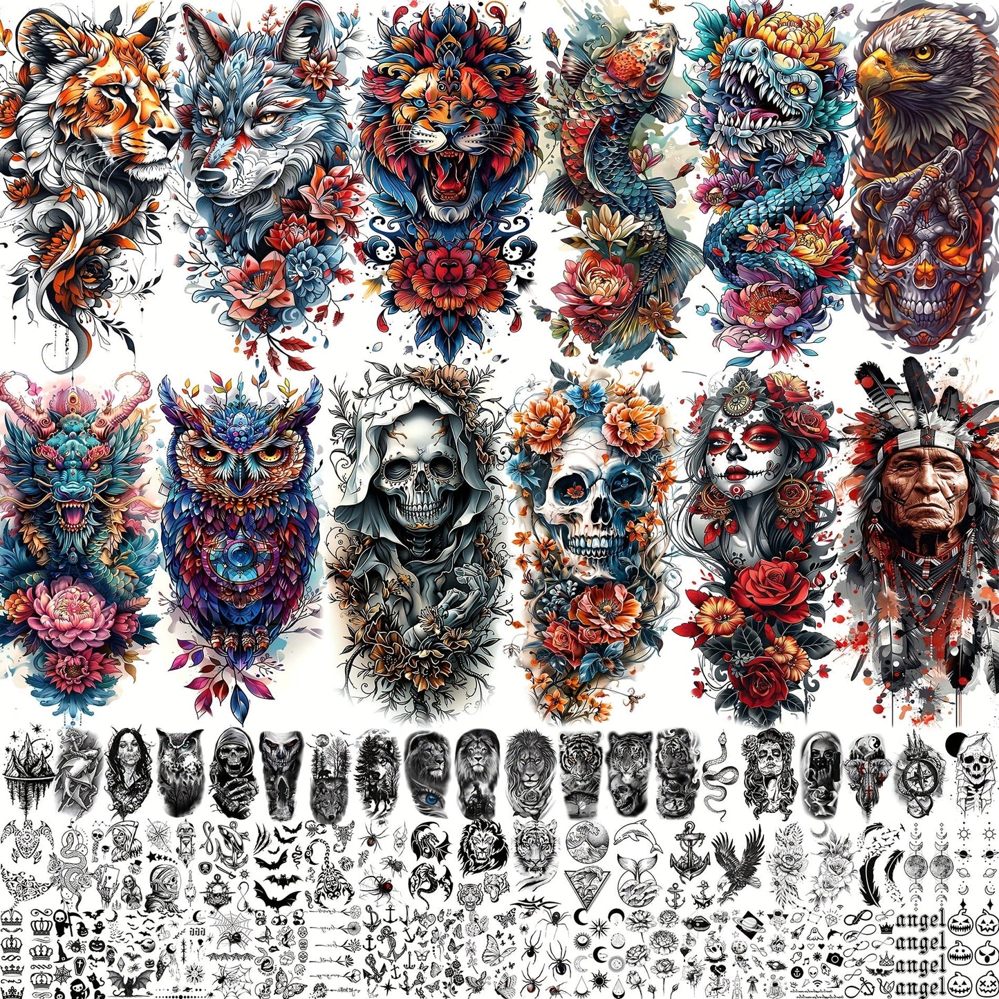 Temporary Tattoos, 71-Sheet Old School and Gothic Set with Tiger, Wolf, Lion, Dragon, Skull and Floral Motifs