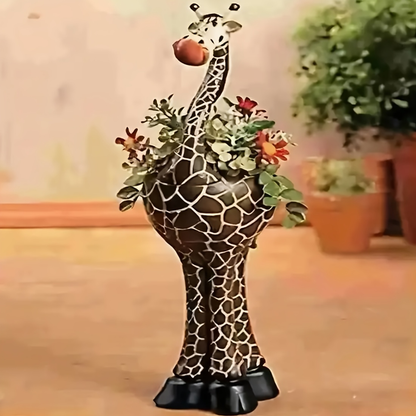 Giraffe-Shaped Decorative Planter with Pictured Long-Neck Body, Open Back Pot and Dark Base