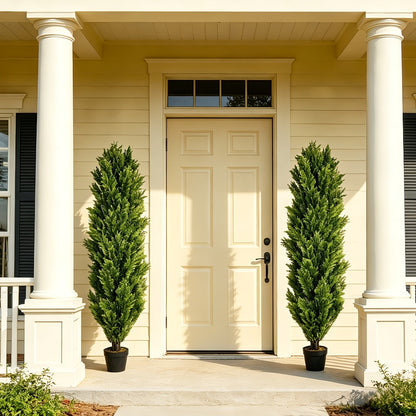 Two-Pack Artificial Cedar Topiary Trees with 4, 5 or 6 ft Height Options and Optional 16-Inch Black Planters
