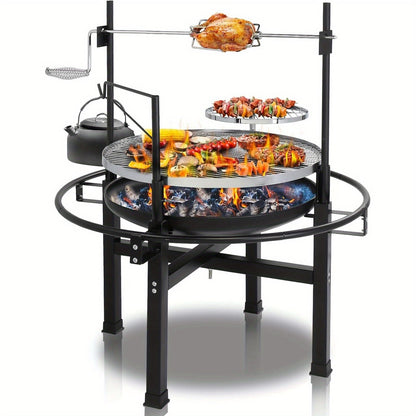 33-Inch Wood-Burning BBQ Fire Pit with Swivel Cooking Grate, Two Removable Grills and Height-Adjustable Rack