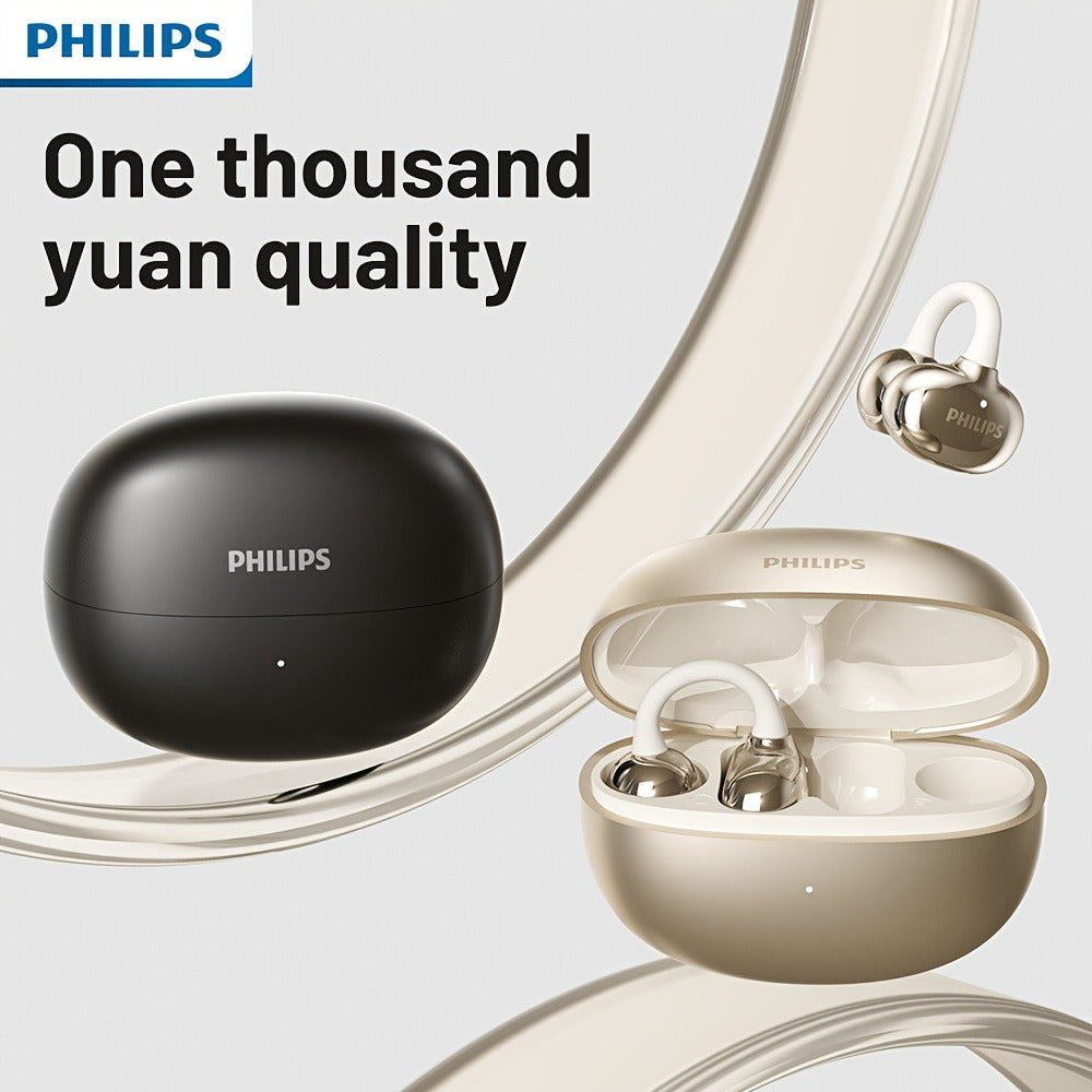 Philips TWS Ear Clip Sport Headset Hi-Fi Bass Stereo HD Calls Earhook Wireless Bluetooth for Music Gaming Business iOS Android Gift for Couples Valentine Black Gold