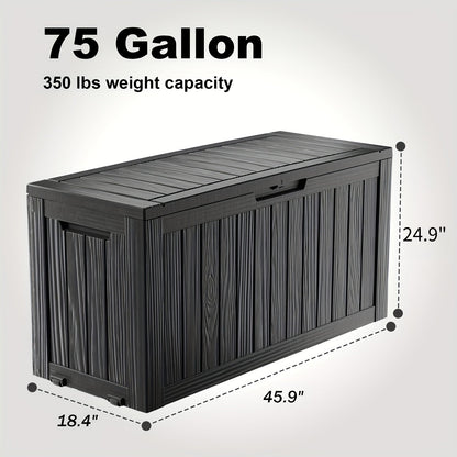 75-Gallon Outdoor Storage Deck Box with Hinged Lid, Side Grips, Small Wheels and Two Color Options
